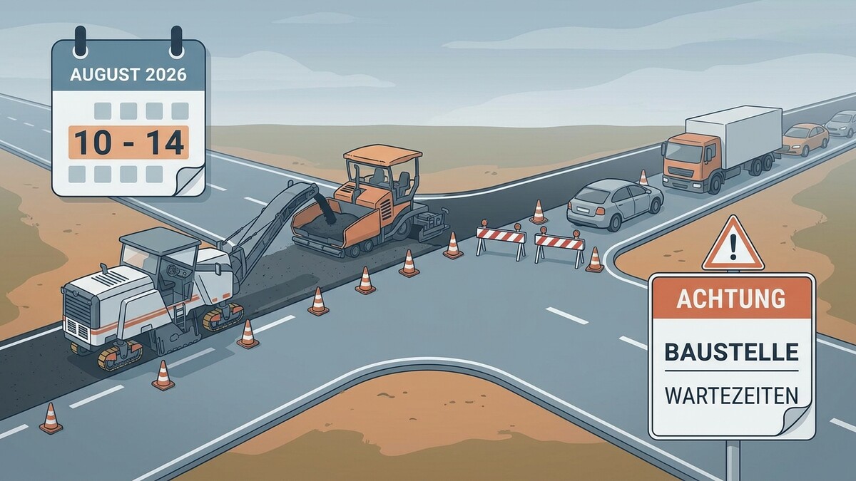 Baustelle mit Maschinen und Verkehrswartezeiten im August 2026