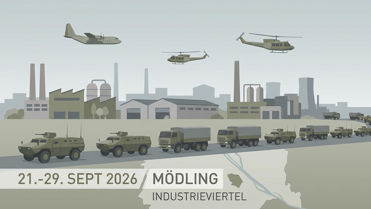 Mödling: Militärfahrzeuge und Fluggeräte vor Industrieanlagen, 21.–29. September 2026