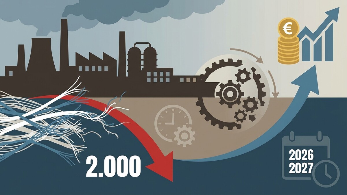Industrie-Silhouetten mit Zahnrädern, Pfeilen, Münzen und Kalenderblättern 2026/2027