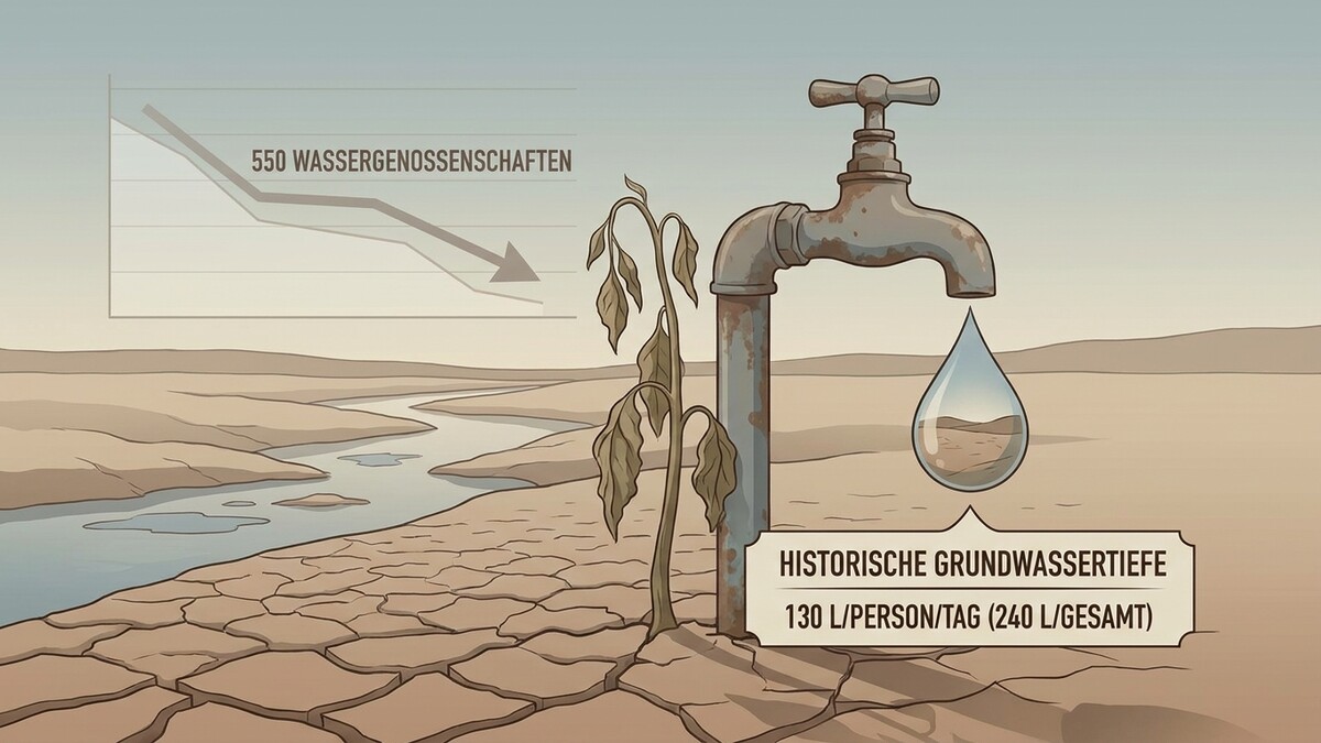 Dürre mit ausgetrocknetem Flussbett, verdorrter Pflanze und tropfendem Wasserhahn