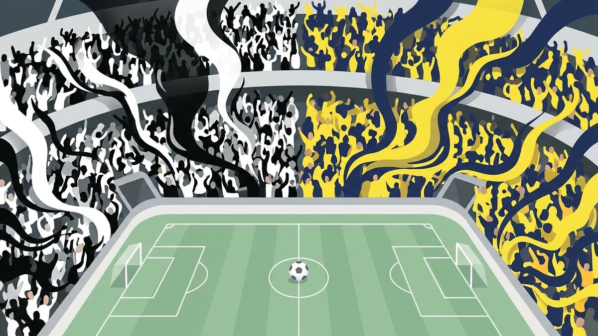 Fußballstadion mit jubelnden Fans in schwarz-weiß und gelb-blau sowie Spielfeld mit Ball