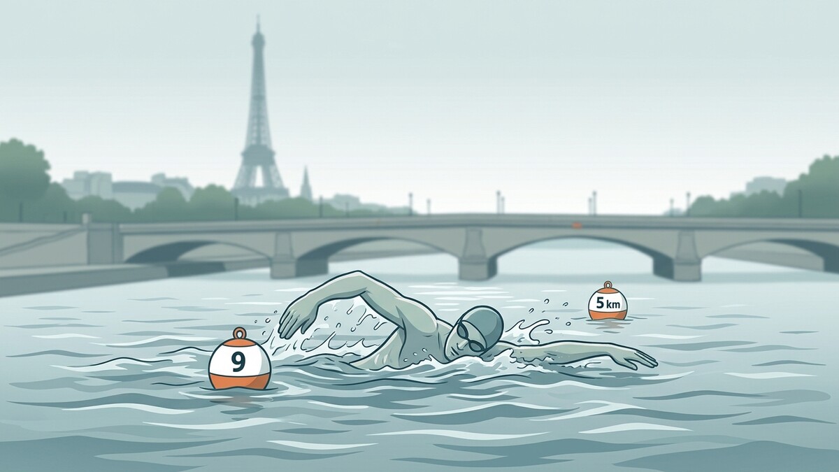 Schwimmer im Wasser vor dem Eiffelturm in Paris mit Bojen.