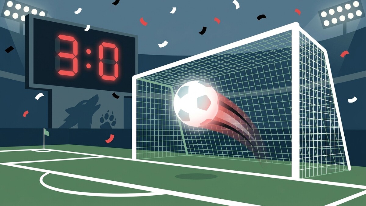 Fussballspiel: Ball fliegt ins Tor, Anzeigetafel zeigt 3:0, Konfetti fällt