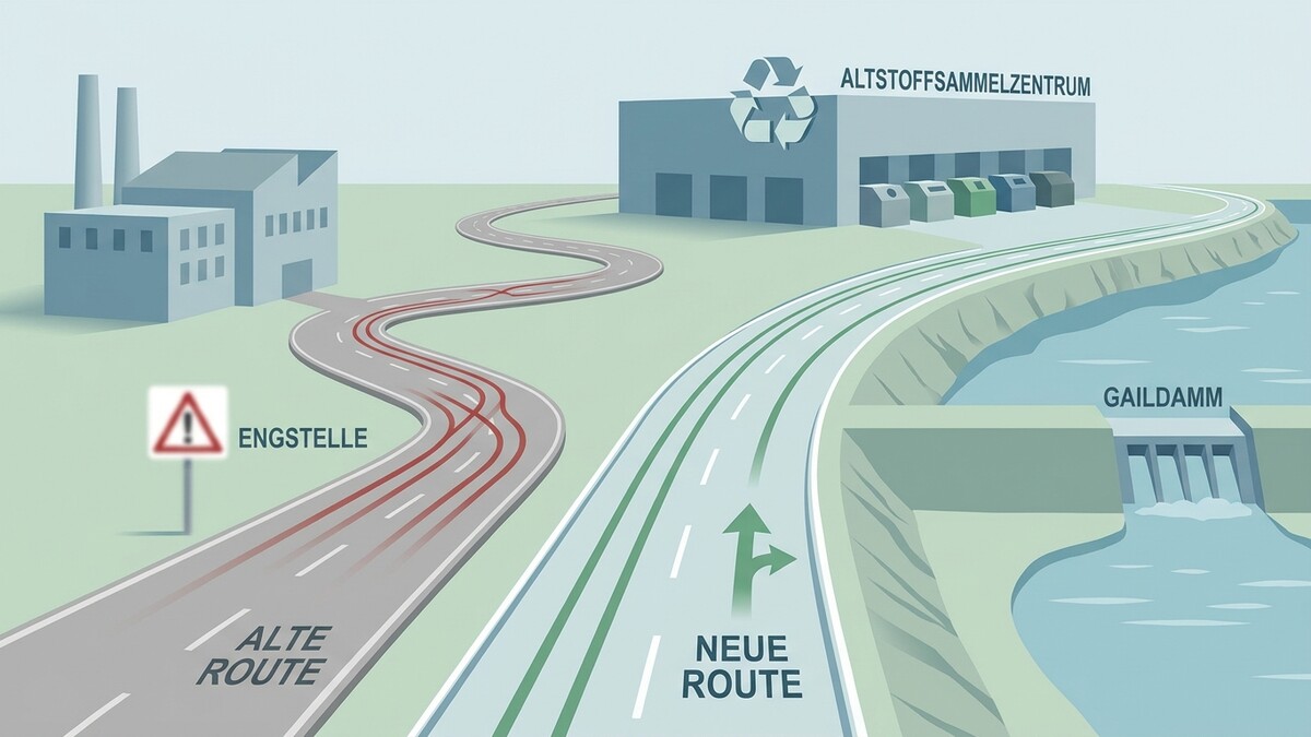 Altstoff-Sammelzentrum: Alte Route mit Engstelle und neue Route neben Gaildamm