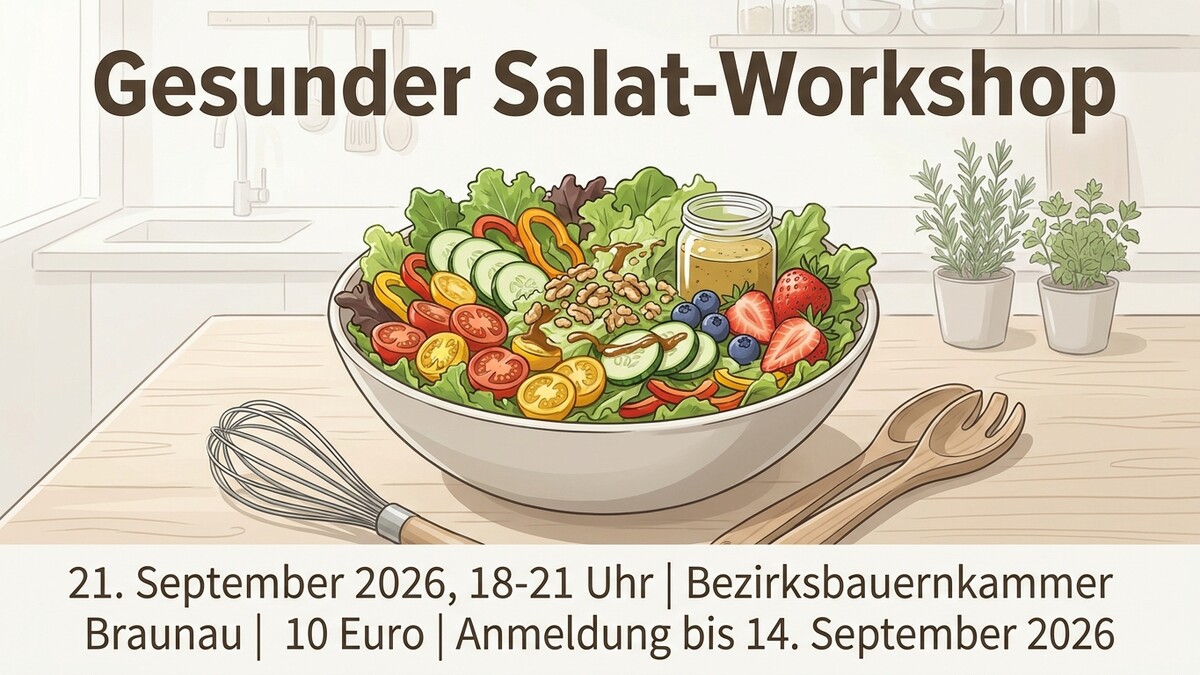 Gesunder Salat-Workshop in der Bezirksbauernkammer Braunau mit frischen Zutaten und Kräutern.