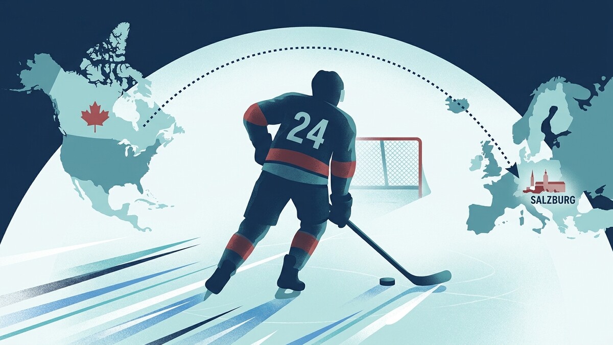 Eishockeyspieler mit Nummer 24 spielt auf dem Eis, Kanada und Salzburg sind auf Karten zu sehen.