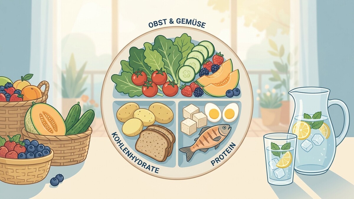 Ernährungsteller mit Obst, Gemüse, Kohlenhydraten und Protein sowie Körbe mit Früchten und ein Krug Wasser