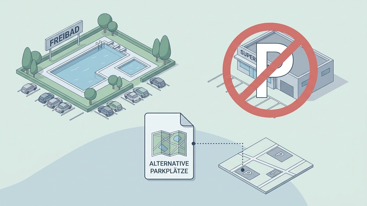 Freibad mit Parkplätzen und Hinweisen auf alternative Parkmöglichkeiten.