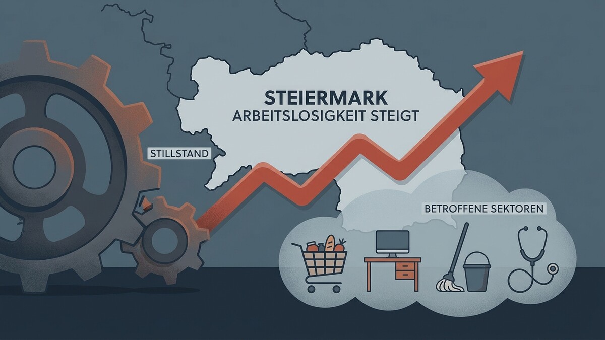 Steiermark Arbeitslosigkeit steigt: Zahnräder, roter Pfeil, Einkaufswagen, Schreibtisch, Putzzeug, Stethoskop