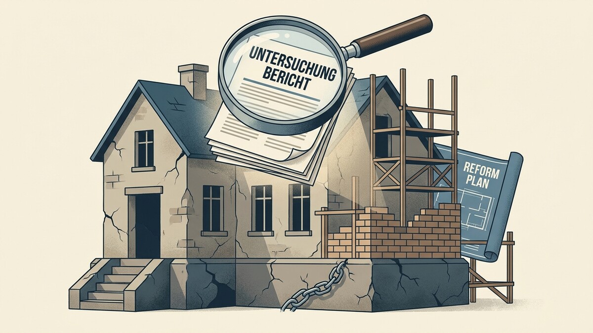 Untersuchungsbericht über ein Haus mit Rissen, Baugerüst und Reformplan