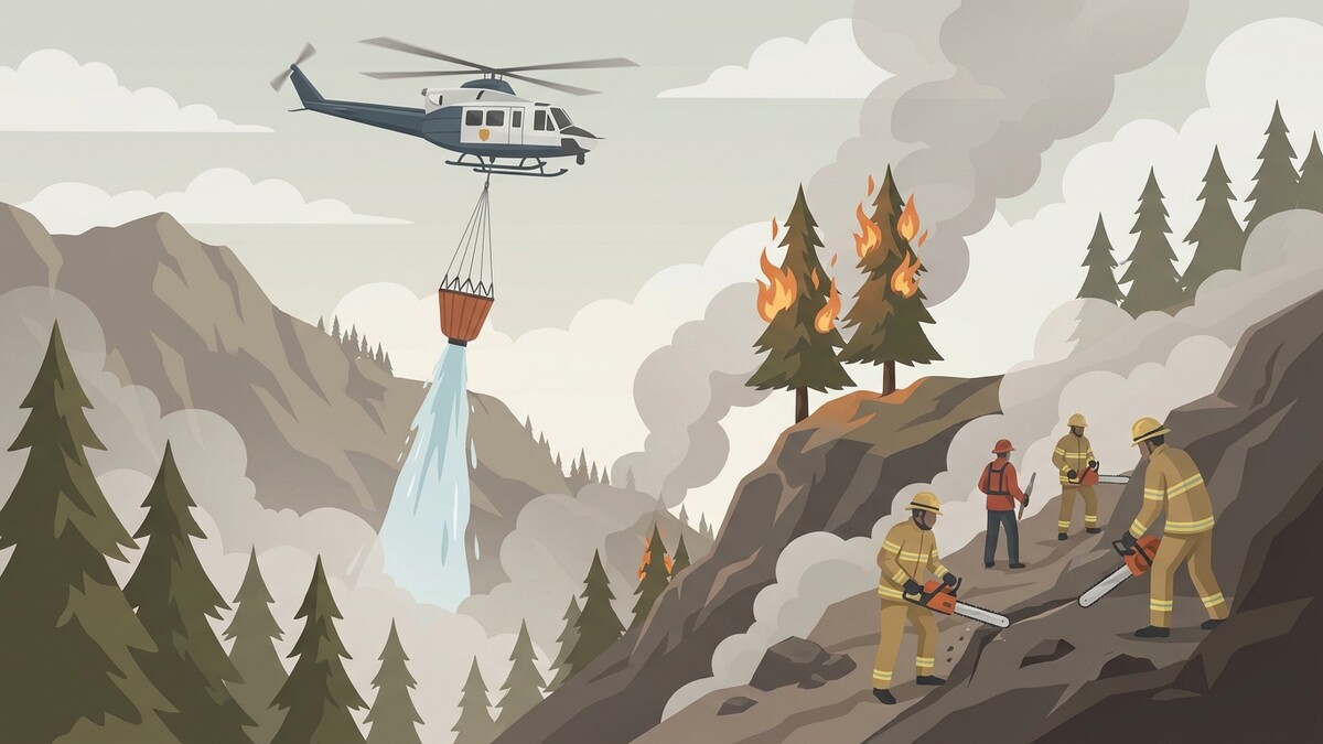 Waldbrandbekämpfung: Helikopter löscht Feuer, Feuerwehrleute mit Kettensägen im Einsatz