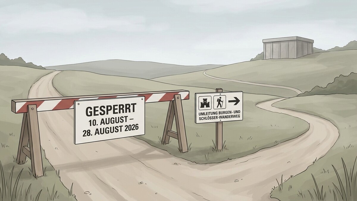 Wegweiser mit Umleitung für Burgen- und Schlösserwanderweg bei Sperre