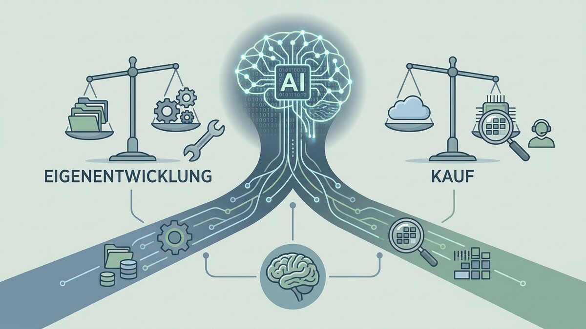 KI-Gehirn mit Datenströmen zu Eigenentwicklung und Kauf, Waagen mit Symbolen