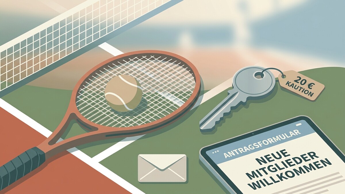 Tennisplatz mit Schläger, Ball, Schlüssel mit Kaution und Antragsformular für neue Mitglieder.