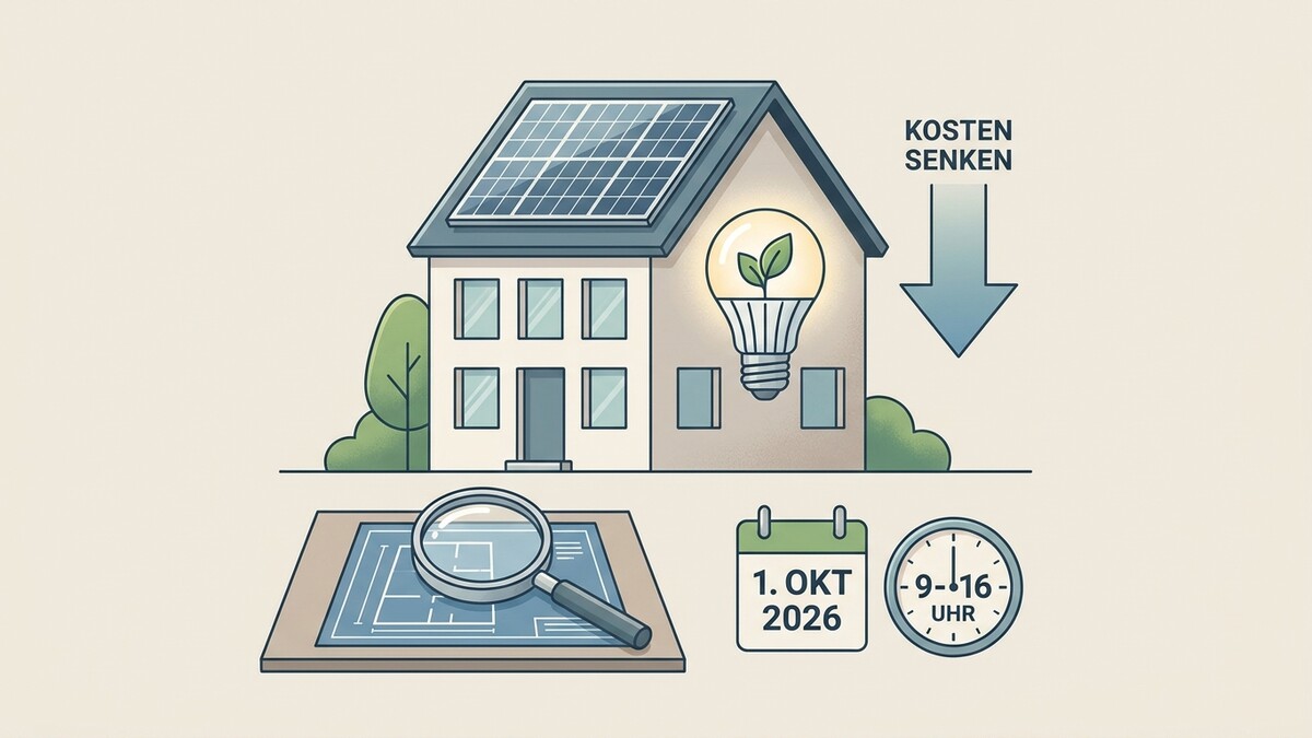Haus mit Solaranlage und Glühbirne, Bauplan mit Lupe, Kalender und Uhr