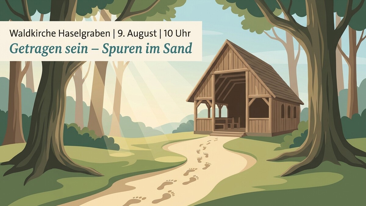 Waldkirche Haselgraben: Spuren im Sand führen zu Holzhütte im Wald