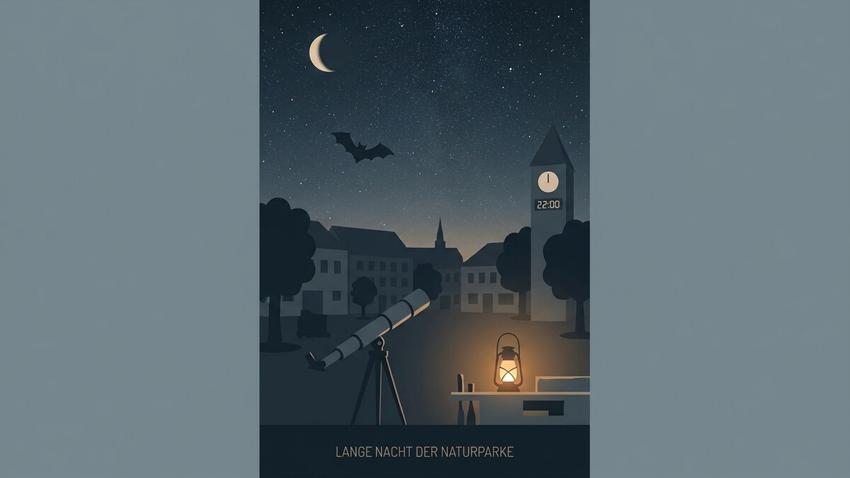 Lange Nacht der Naturparke: Sternenhimmel mit Mond, Fledermaus, Kirchturm und Teleskop