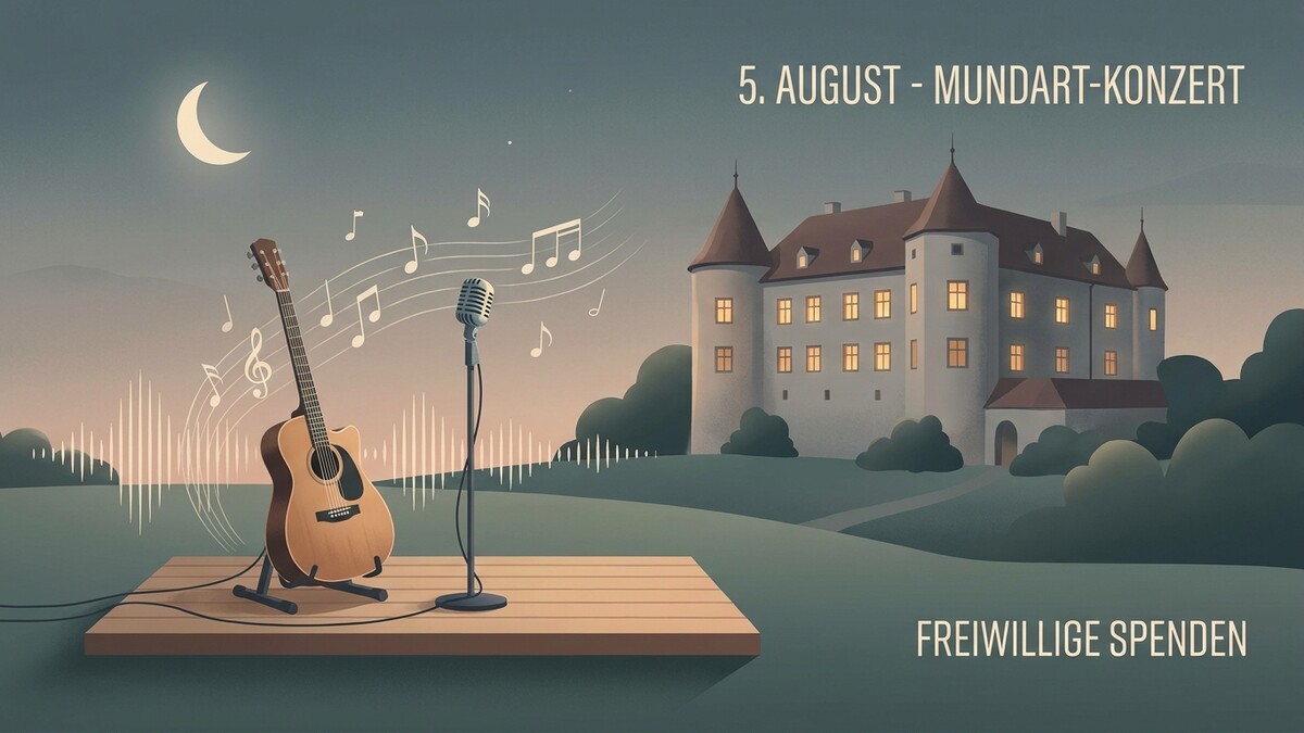 Gitarre und Mikrofon vor Schloss, 5. August Mundart-Konzert, freiwillige Spenden