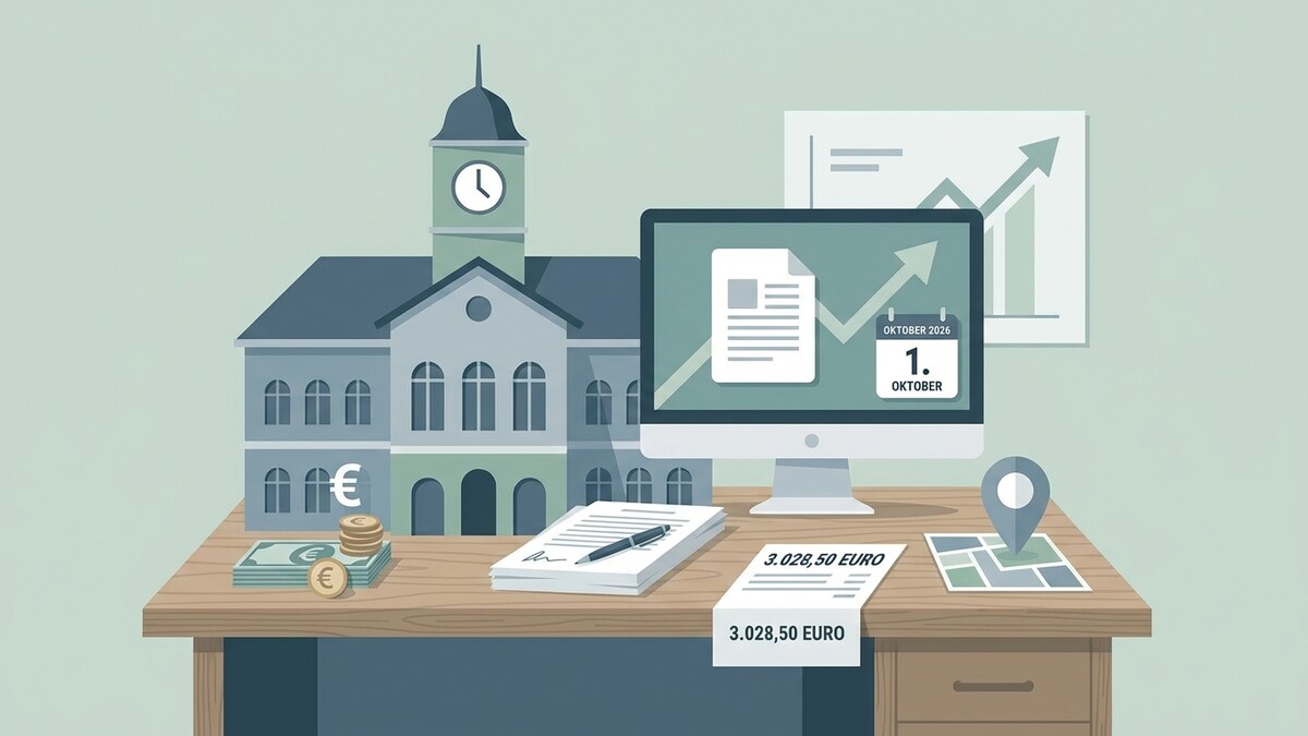 Geld, Haus, Computer und Kalender mit steigendem Chart und Euro-Symbol