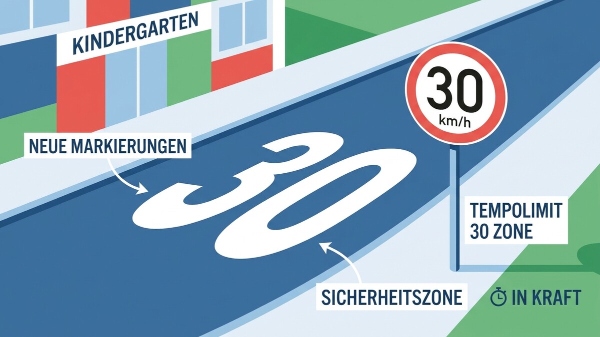 30 km/h Zone vor Kindergarten mit neuen Markierungen und Sicherheitshinweis