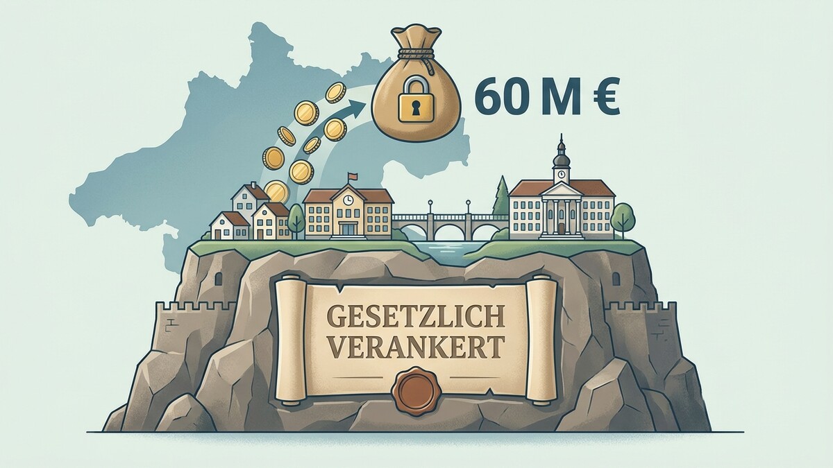 60 Millionen Euro auf einem Geldsack mit Schloss und Münzen über einer Bergfestung mit Schriftrolle.