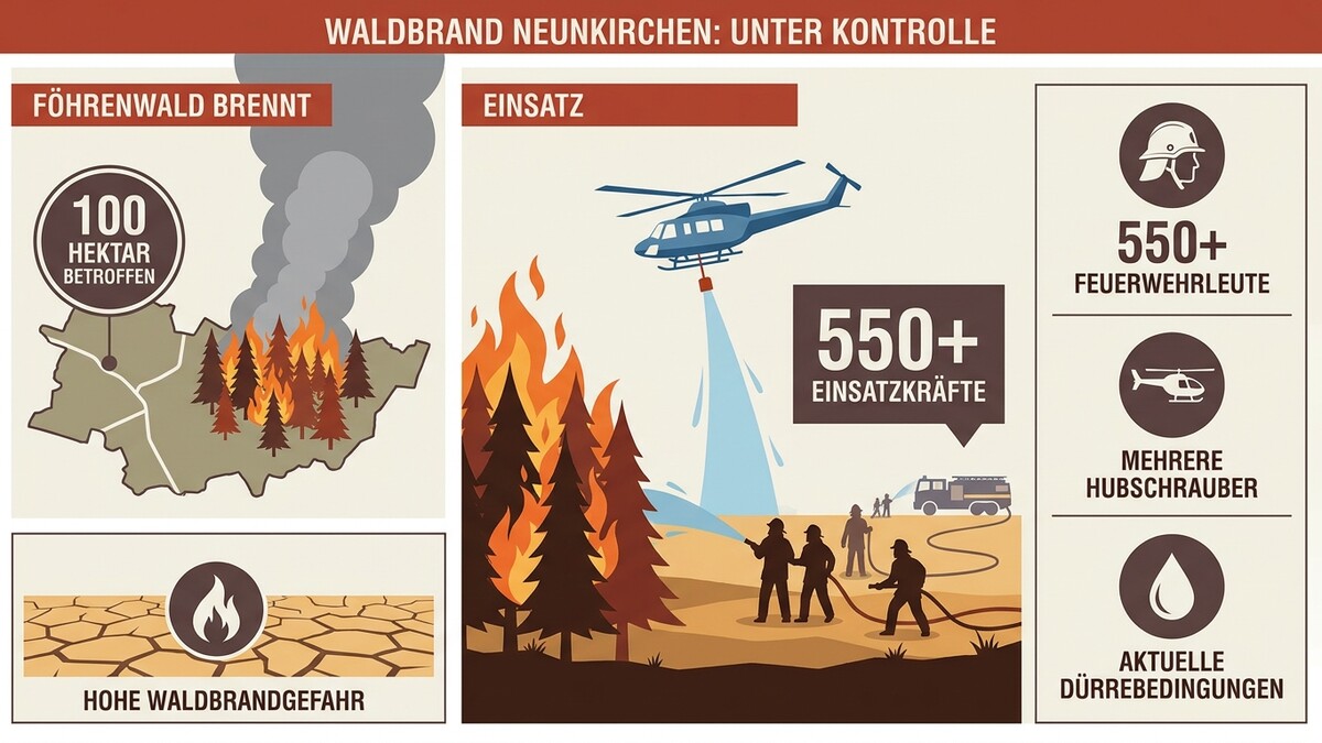 Waldbrand Neunkirchen: 100 Hektar betroffen, 550+ Einsatzkräfte, mehrere Hubschrauber, hohe Waldbrandgefahr