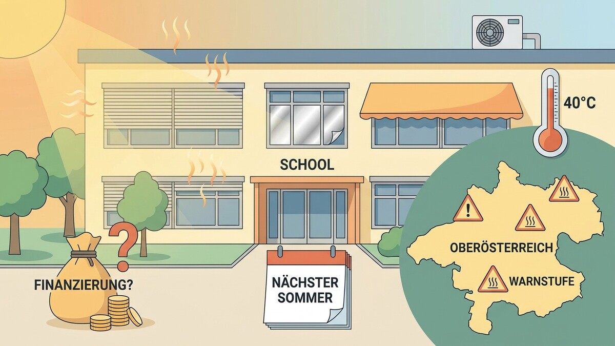 Schulgebäude mit Klimaanlage, Thermometer 40°C, Oberösterreich-Karte mit Warnstufen, Geldsack und Kalender "Nächster Sommer"