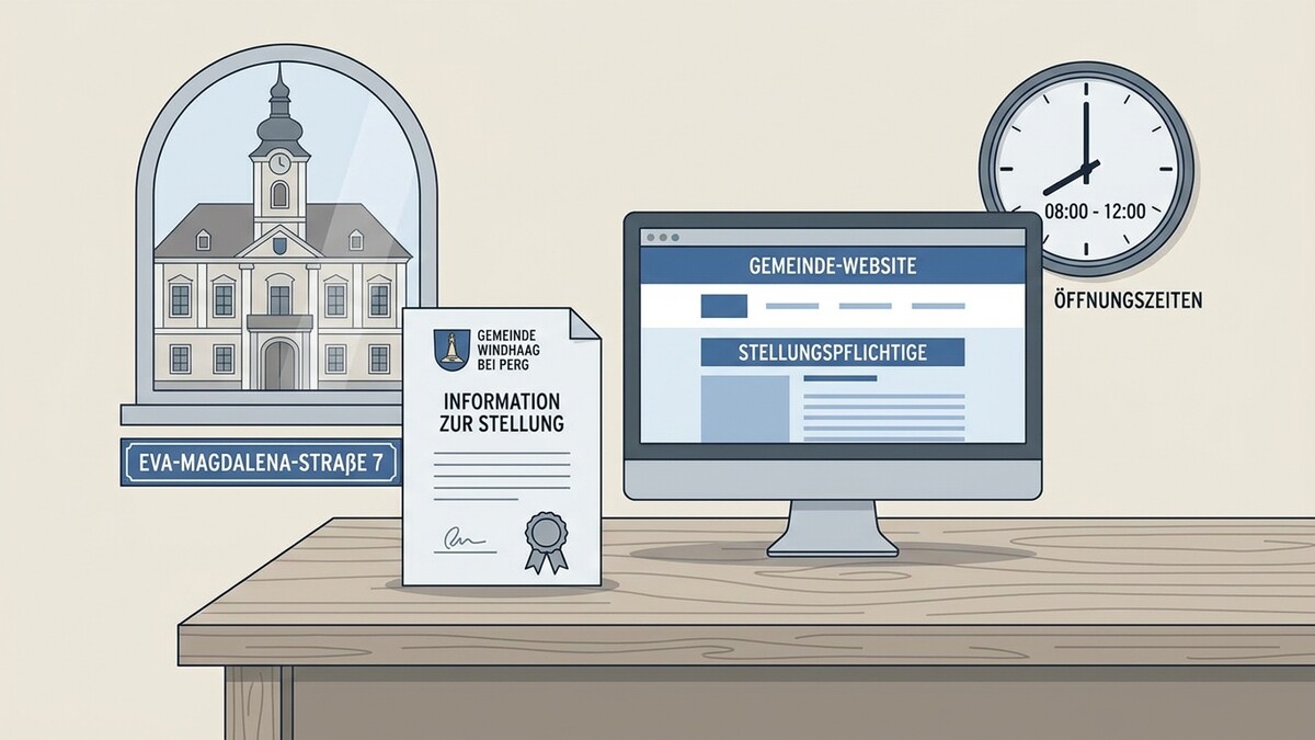 Gemeindeamt Windhaag bei Perg, Webseite, Dokument und Uhr mit Öffnungszeiten