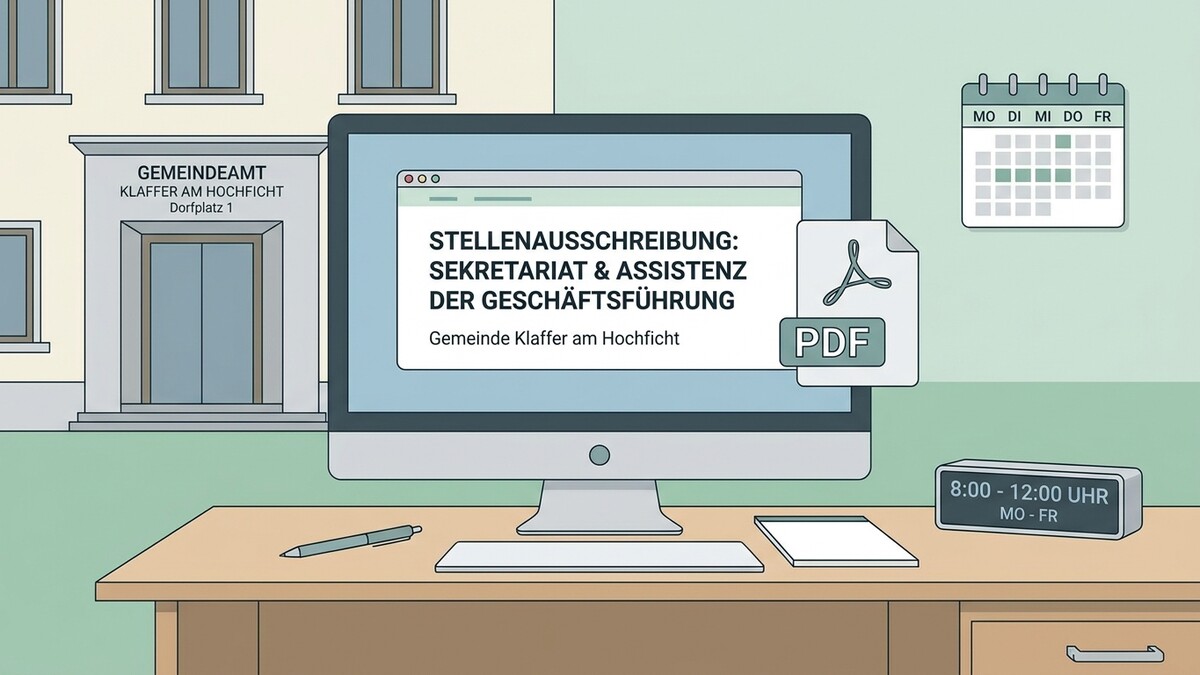 Stellenausschreibung Sekretariat & Assistenz der Geschäftsführung Gemeinde Klaffer am Hochficht auf Computerbildschirm