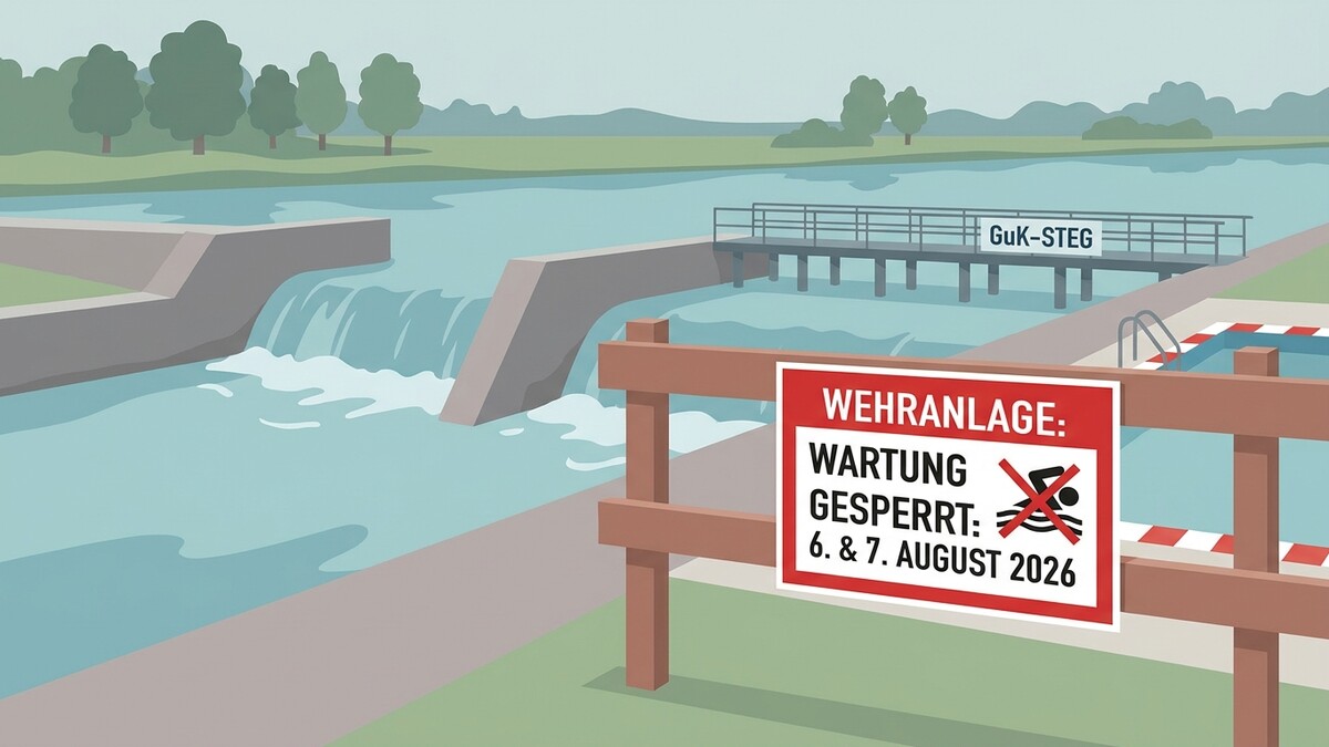 Wehranlage Wartung gesperrt 6. & 7. August 2026 mit Hinweisschild und Wasserfall