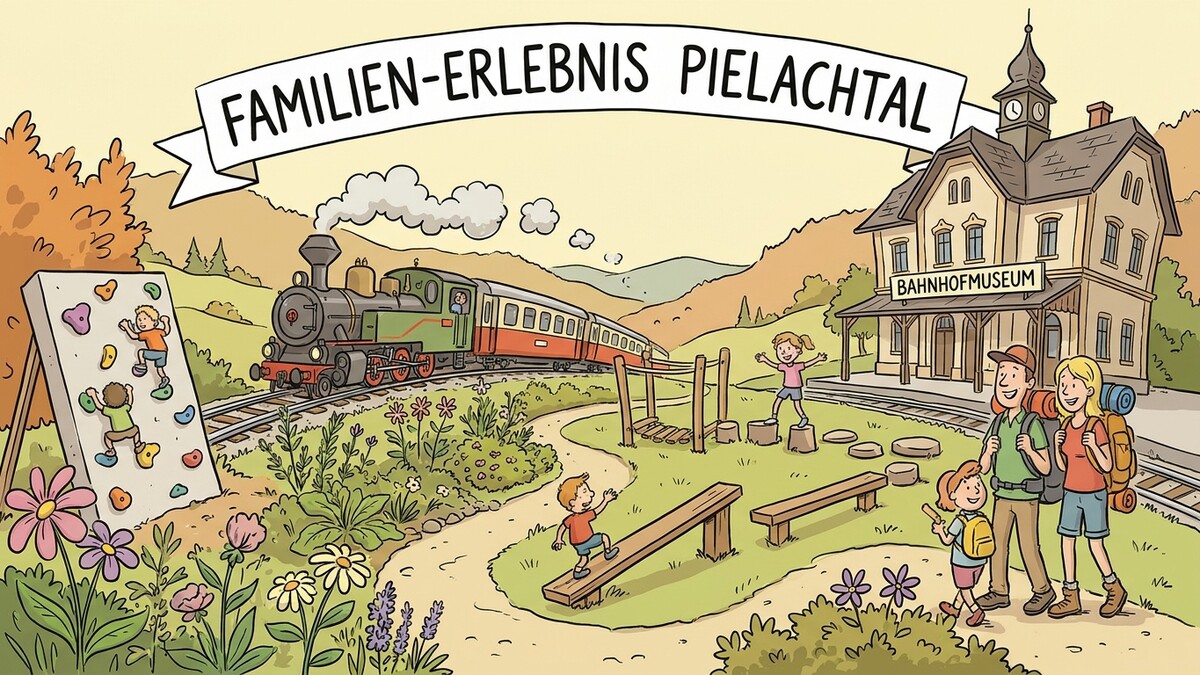 Familien-Erlebnis Pielachtal: Zug vor Bahnhofsmuseum mit Kletterwand und Spielplatz