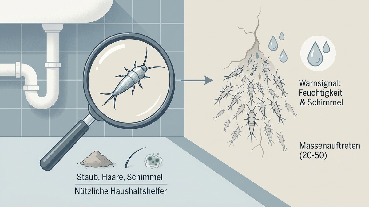 Silberfischchen unter Lupe und im Massenauftreten bei Feuchtigkeit und Schimmel