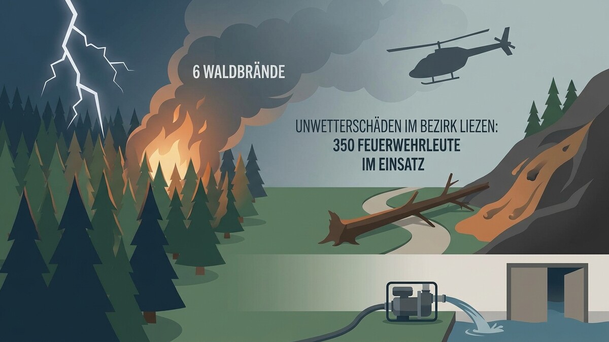 Waldbrände und Unwetterschäden im Bezirk Liezen mit 350 Feuerwehrleuten im Einsatz.