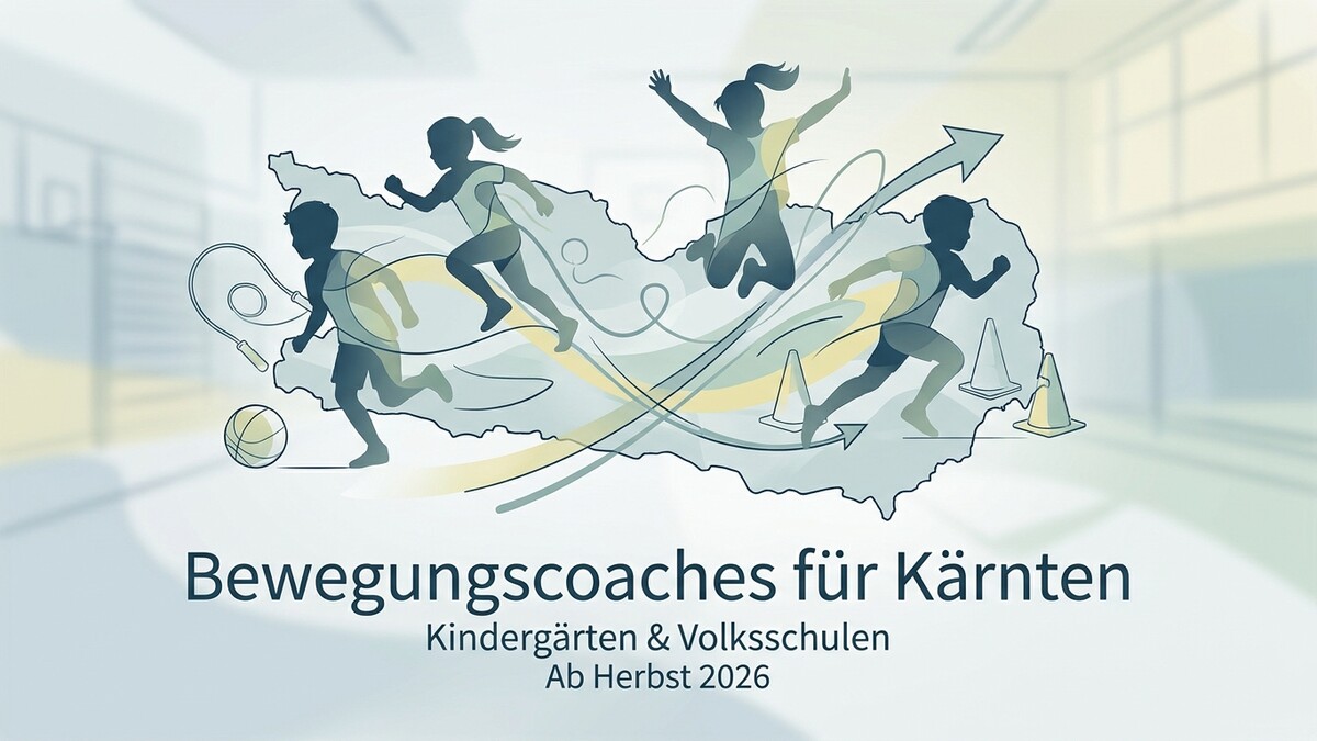 Bewegungscoaches für Kärnten: Kinder in Bewegung auf Umriss von Kärnten mit Sportgeräten