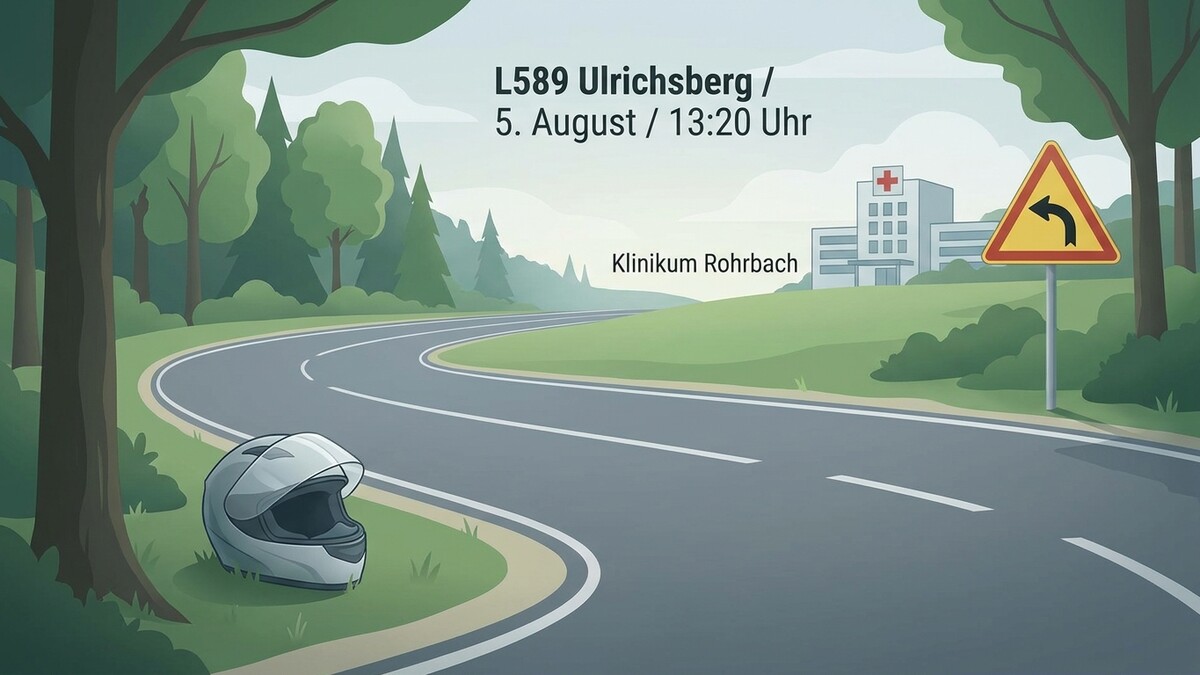 Motorradhelm auf der L589 bei Ulrichsberg mit Klinik Rohrbach und Warnschild