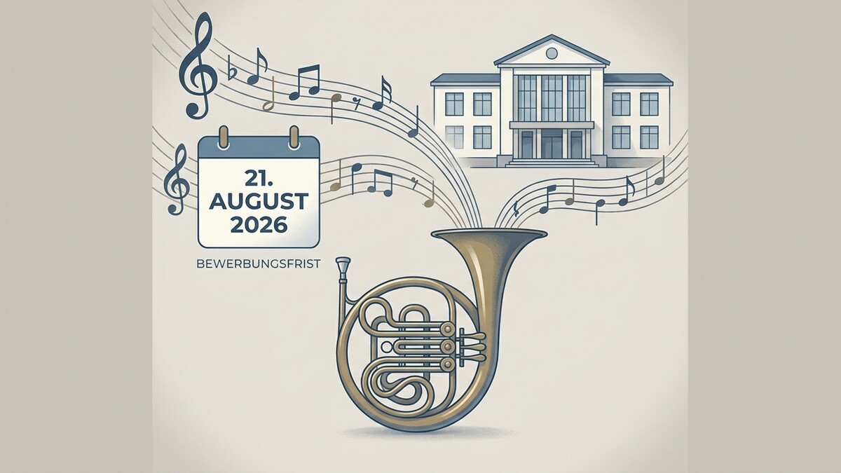 Bewerbungsfrist 21. August 2026 mit Jagdhorn und Noten vor Gebäude