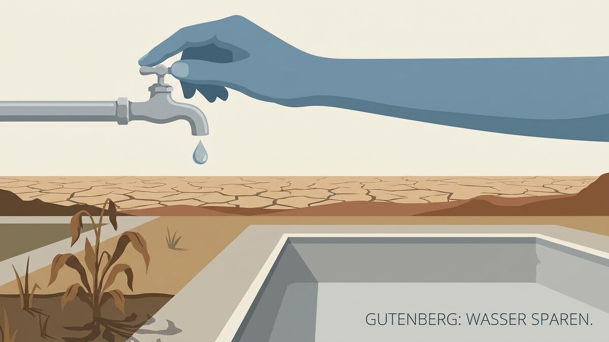 Wasser sparen: Ein blauer Arm dreht einen Wasserhahn über ausgetrocknetem Boden.