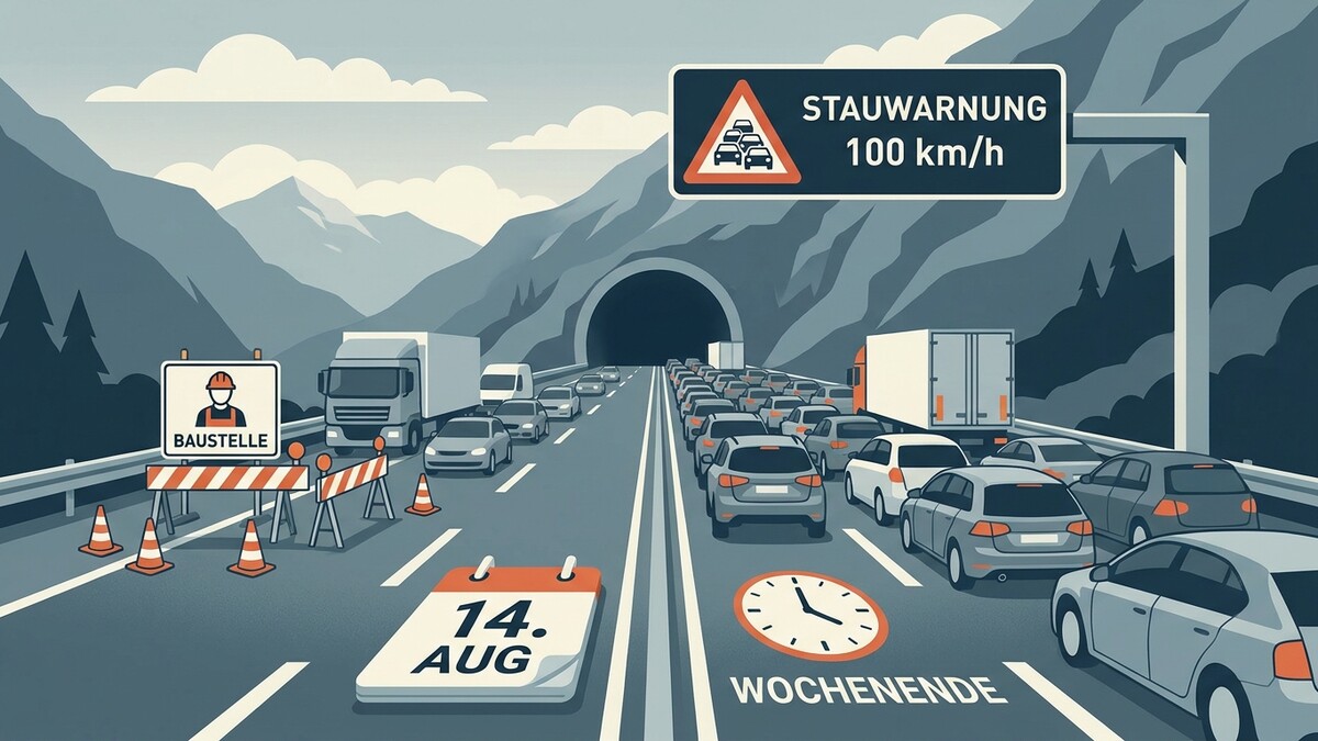 Stauwarnung vor Tunnel mit Baustelle und Verkehr, 14. August Wochenende