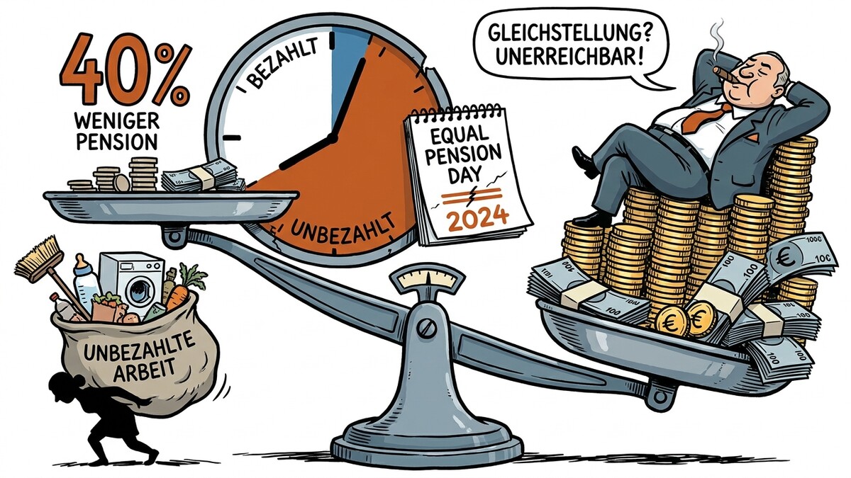 Karikatur zur Pension: Mann auf Geldhaufen, Frau schleppt Sack mit unbezahlter Arbeit