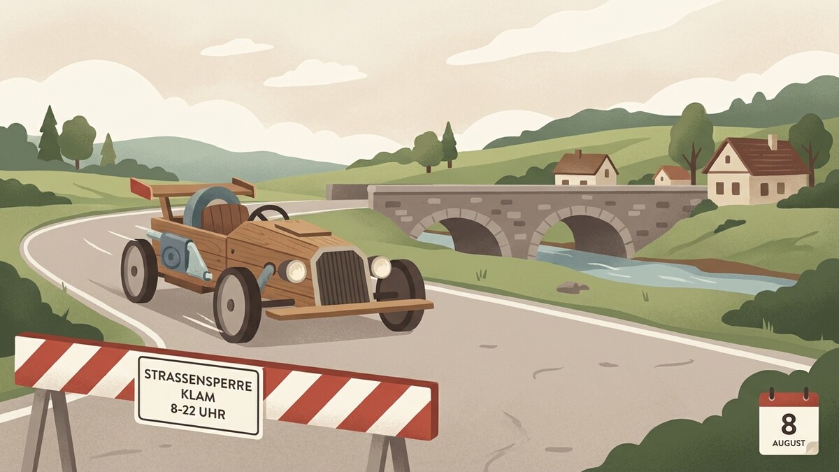 Holz-Rennauto vor Straßenabsperrung mit Hinweis "Klam" in Berglandschaft mit Brücke