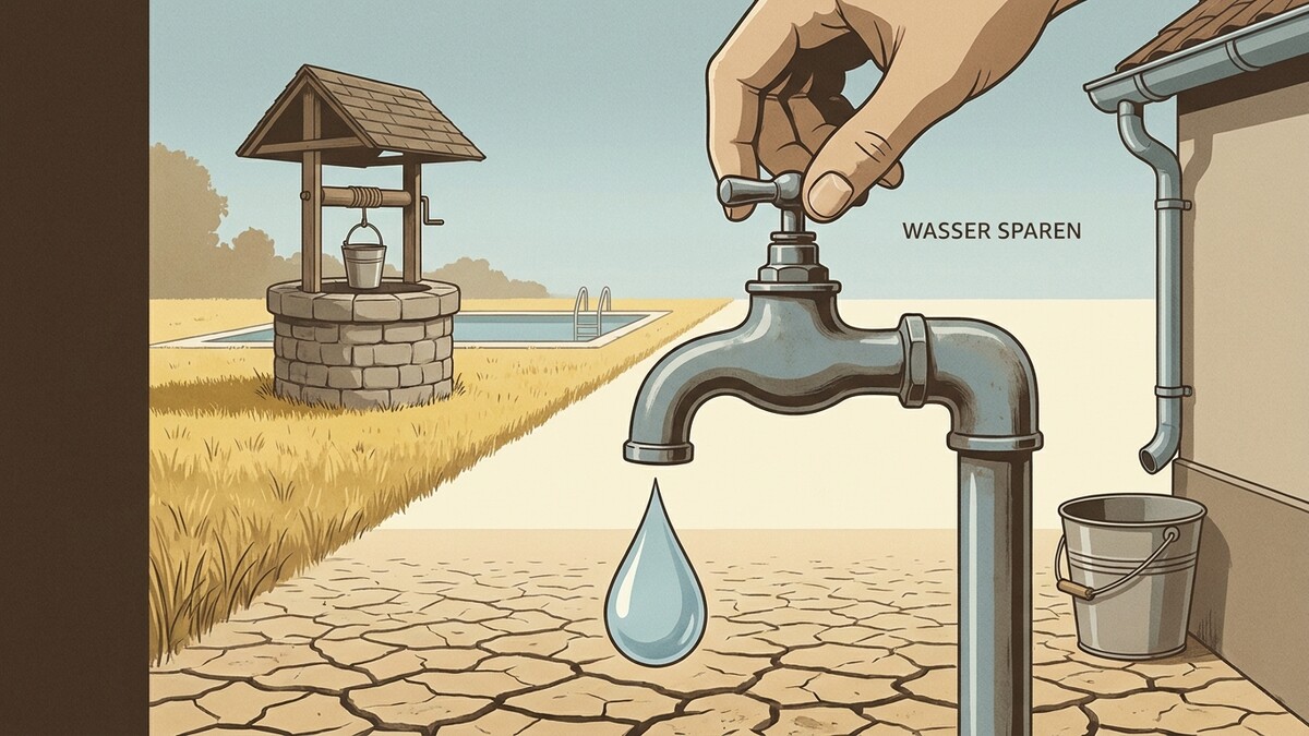 Wasser sparen: Tropfender Wasserhahn, trockener Boden, Brunnen und Pool