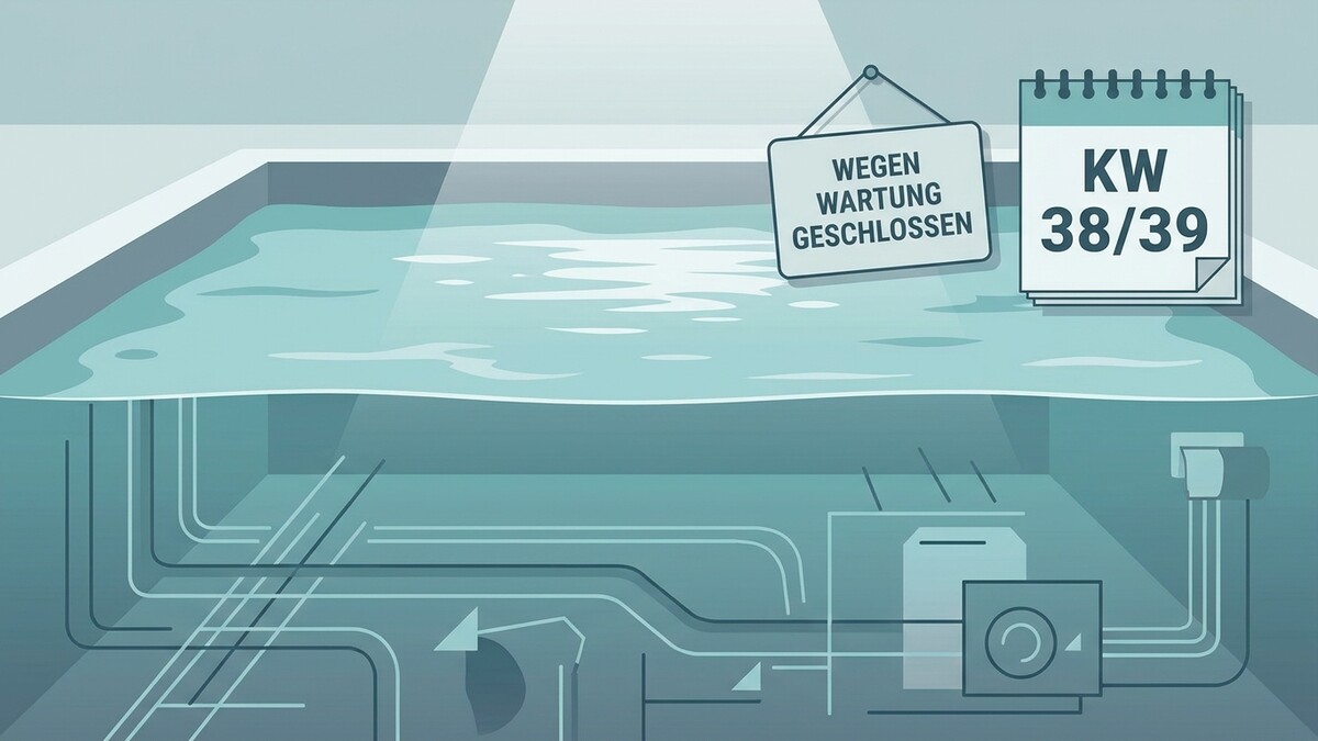Schwimmbecken mit Hinweisschild "Wegen Wartung geschlossen" und Kalenderblatt KW 38/39