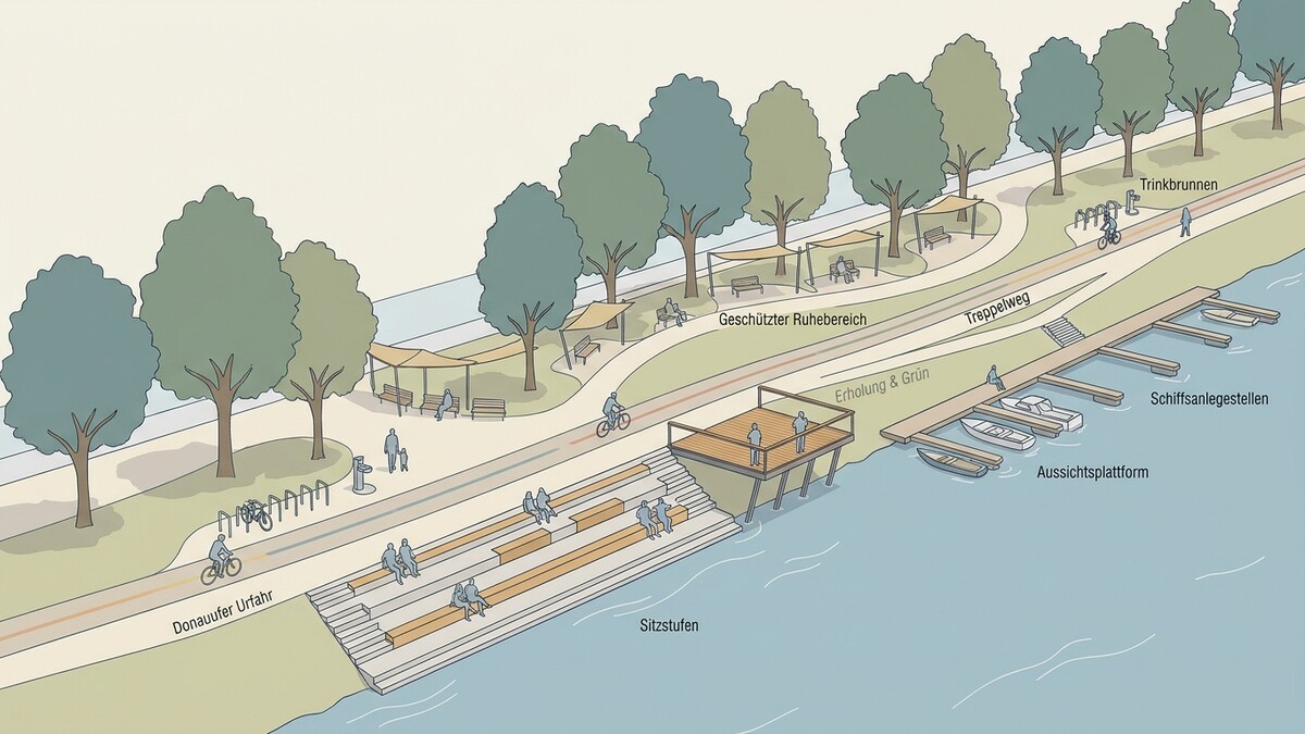 Donauufer mit Sitzstufen, Aussichtsplattform, Schiffsanlegestellen und Erholungsbereich.