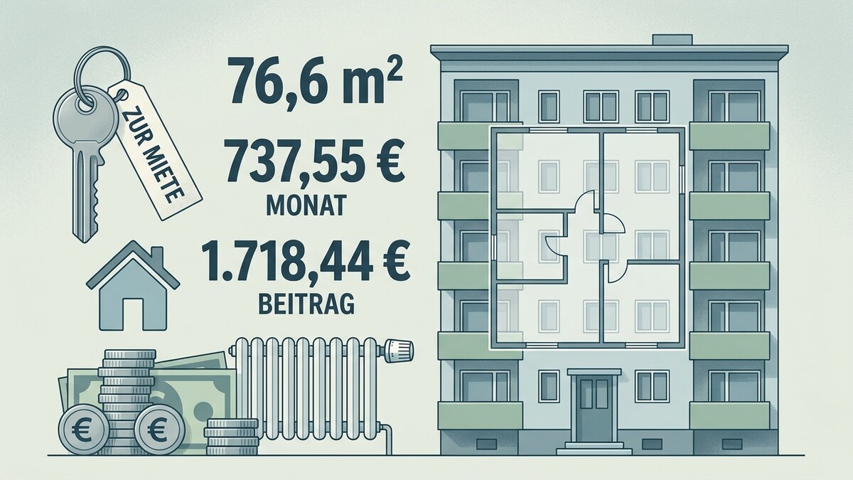 Wohnung zur Miete mit Grundriss, Schlüssel, Geld und Heizkörper