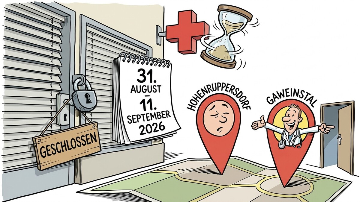 Geschlossener Arzt, Kalender, Sanduhr und zwei Ortsmarkierungen mit Ärzten für Hohenruppersdorf und Gaweinstal
