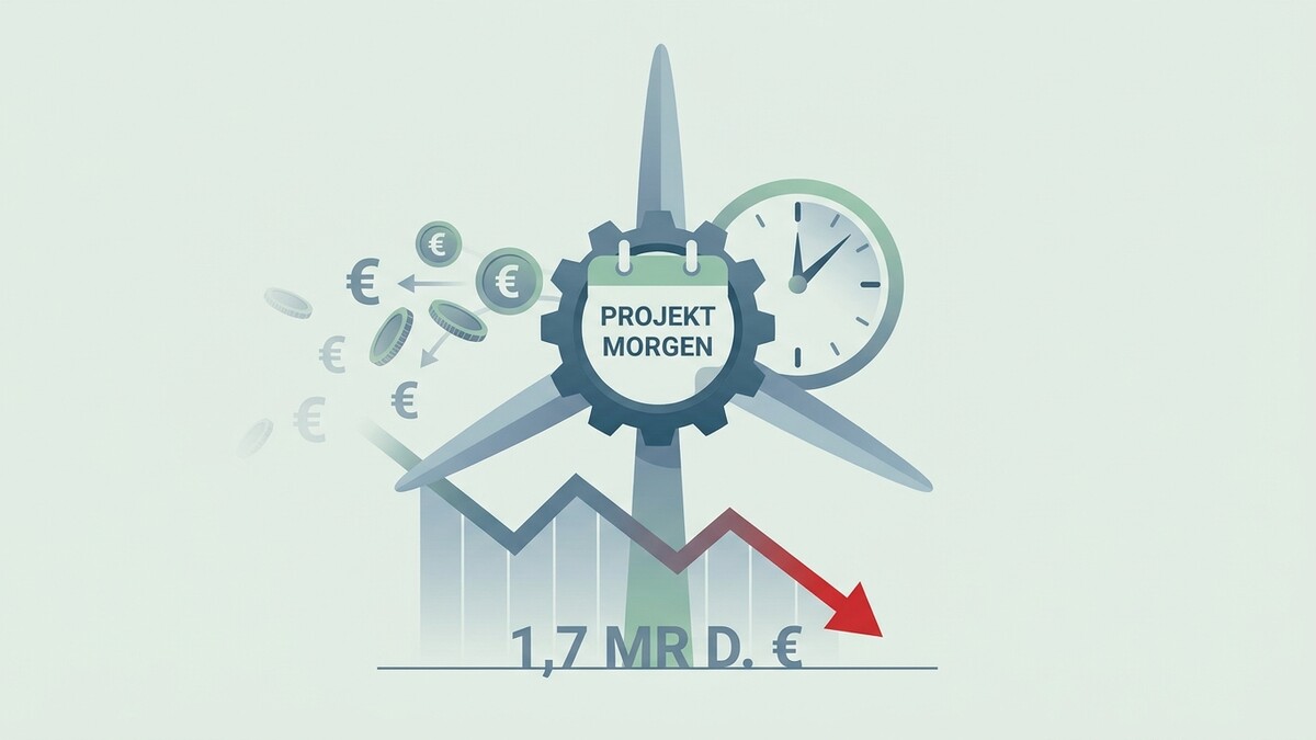 Projekt Morgen: Windrad mit Euro-Münzen, Uhr und fallendem Graph mit 1,7 Mrd. €