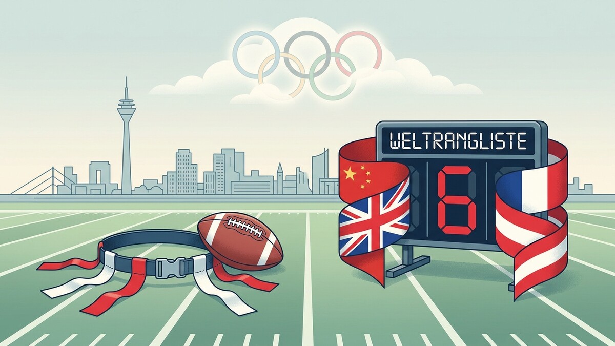 Olympische Ringe über Skyline mit Football und Rangliste mit Flaggen von China, Großbritannien und Frankreich