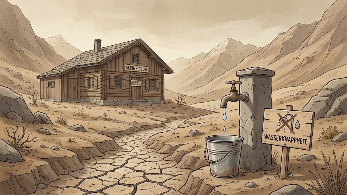 Wasserknappheit im Gebirge: Hütte mit tropfendem Wasserhahn und Schild im trockenen Gelände.