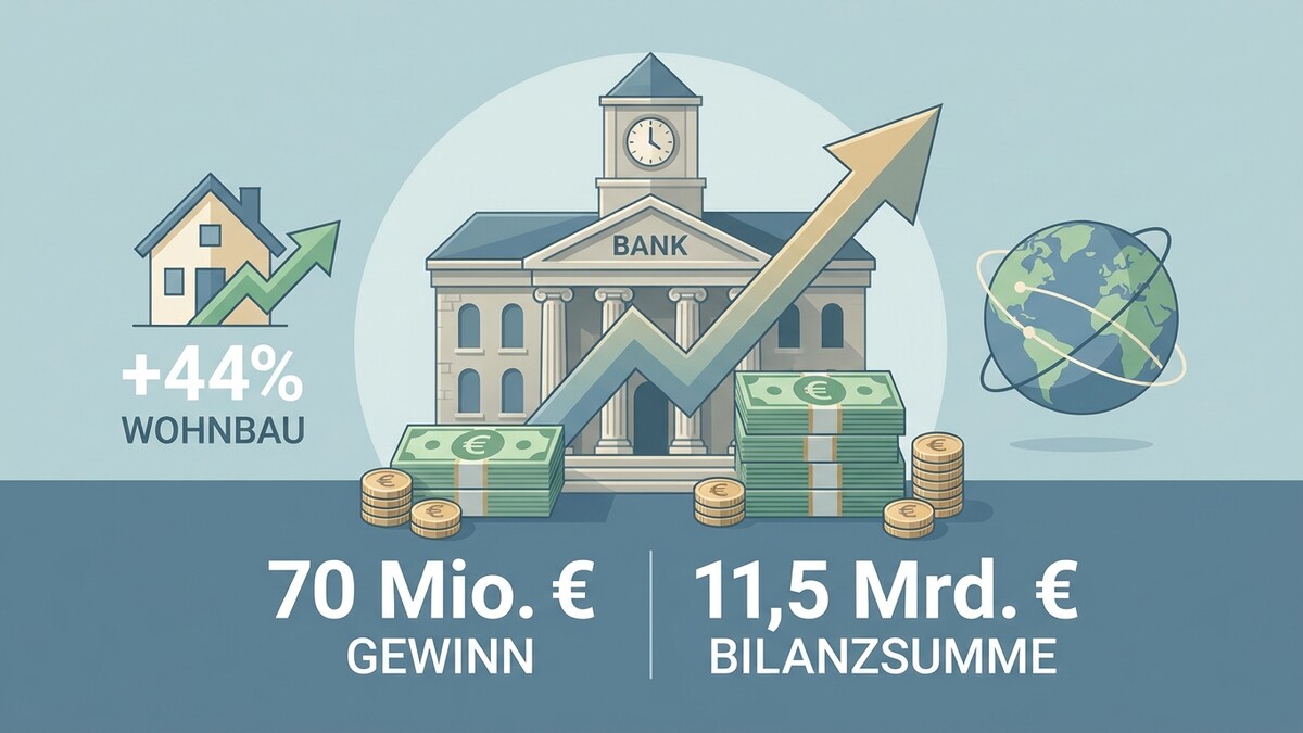 Wohnbau mit +44% und Geldscheine vor Bankgebäude, Weltkugel, 70 Mio. € Gewinn, 11,5 Mrd. € Bilanzsumme