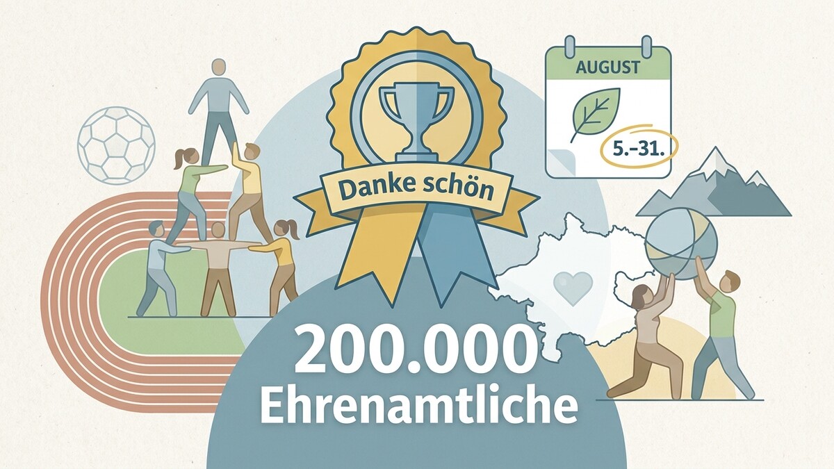 200.000 Ehrenamtliche: Menschenpyramide, Medaille mit Pokal und Schriftzug "Danke schön", Kalender, Berge und Ball.